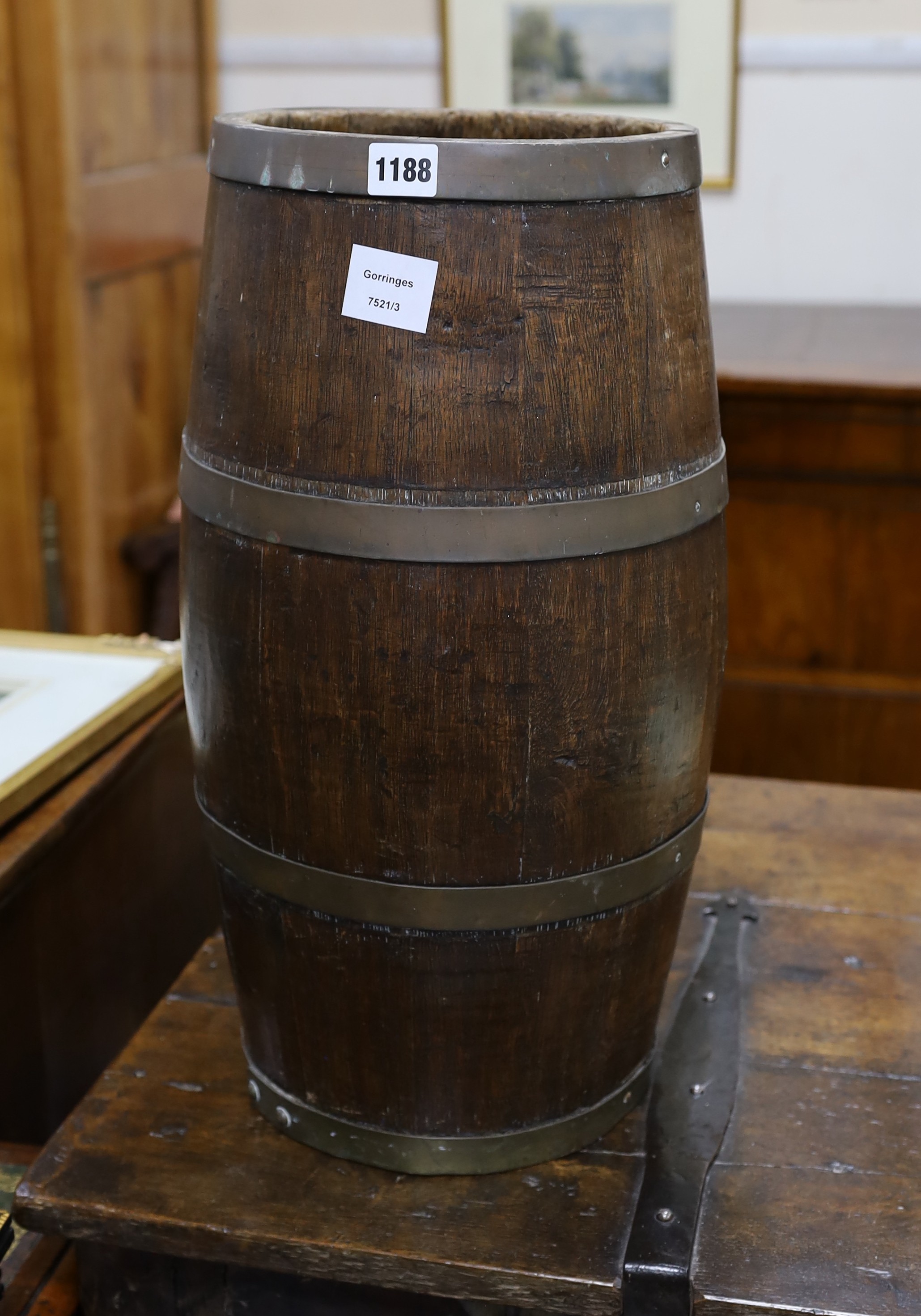 A brass bound staved oak stick stand, height 53cm